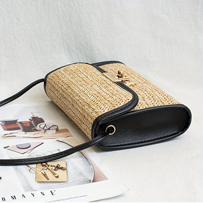 solvbao  Summer Woven Straw Bag, Boho Style Crossbody Bag, Trendy Square Purse For Women Vacation