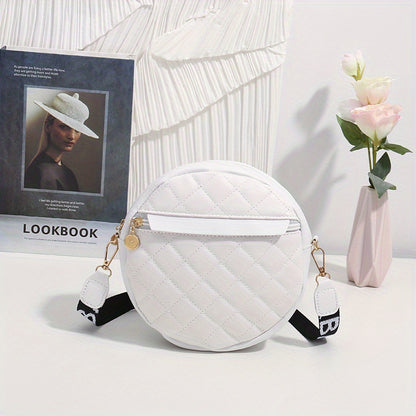 solvbao  Letter Graphic Quilted Circle Bag, Faux Leather Round Argyle Quilted Crossbody Bag, Mini Faux Leather Zipper Shoulder Bag With Wide Strap (7.7*7.9*2.2)inch