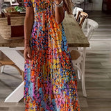 Plus Size Vibrant Abstract Maxi Dress - Chic V-Neck and Comfy Short Sleeves, Perfect for Spring & Summer Strolls, Stylish Oversized Women's Attire