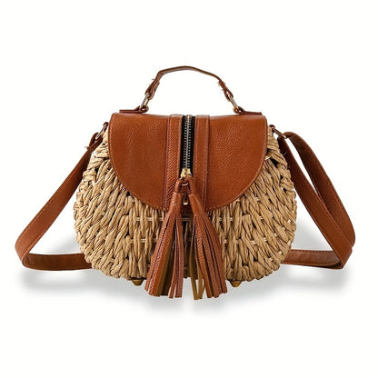 solvbao  Mini Straw Woven Crossbody Bag, Vintage Summer Beach Shoulder Bag, Women's Retro Handbag & Purse For Travel Vacation