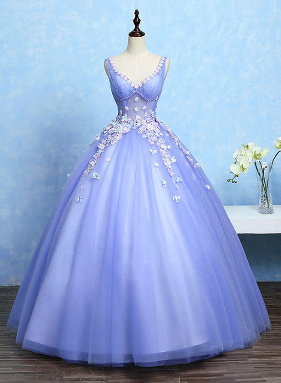 Solvbao Cute Lavender Tulle Ball Gown V-neckline Sweet 16 Dresses, Light Purple Formal Dresses