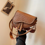 Trendy Woven Saddle Bag, PU Leather Solid Color Shoulder Bag, Perfect Crossbody Bag For Daily Use