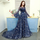 solvbao Navy Blue Tulle Puffy Sleeves Long A-line Prom Dress, Navy Blue Formal Dress