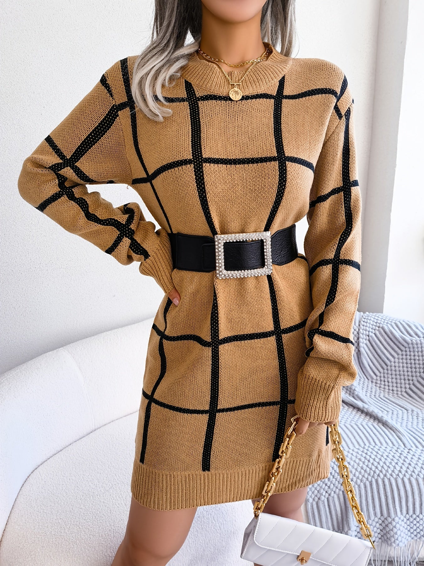 solvbaoColor Block Plaid Round Neck Long Sleeve Sweater Dress, Bag Hip Casual Bodycon Loose Dress, Women's Clothing