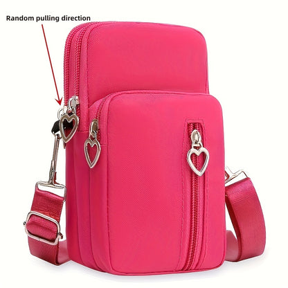 Mini Heart Zipper Phone Bag, Nylon Canvas Crossbody Bag, Multi Layer Zipper Around Purse (3.54*6.7*2.36) Inch