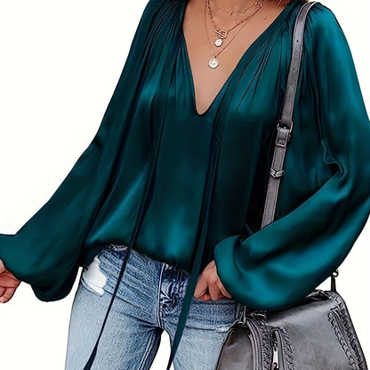 solvbaoSolid Tie Neck Pleated Blouse, Casual Long Sleeve Blouse For Spring & Fall, Women's Clothing