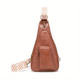 solvbao  Vintage Style Sling Bag, Geometric Strap Crossbody Bag, Women's PU Leather Chest Purse