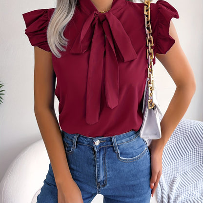 solvbaoBow Tie Flutter Sleeve Blouse, Elegant Sleeveless Solid Ruffle Trim Blouse, Women's Clothing