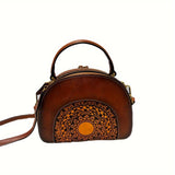 Vintage Floral Embossed Crossbody Bag, Retro Genuine Leather Purse, Women's Classic Shoulder Bag & Handbag