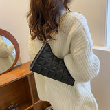 Argyle Quilted Shoulder Bag, Trendy Chain Baguette Bag, Solid Color Underarm Purse For Women