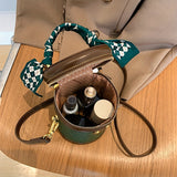 Bear Embossed Cylinder Bag, Scarf Decor Crossbody Bag, Women's Mini PU Leather Bucket Purse