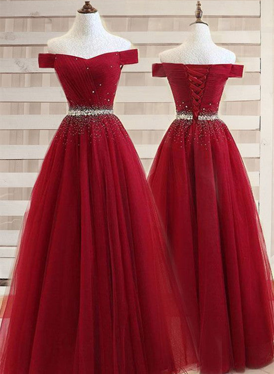 solvbao Burgundy Off Shoulder Prom Dress , Beaded Junior Prom Dresses