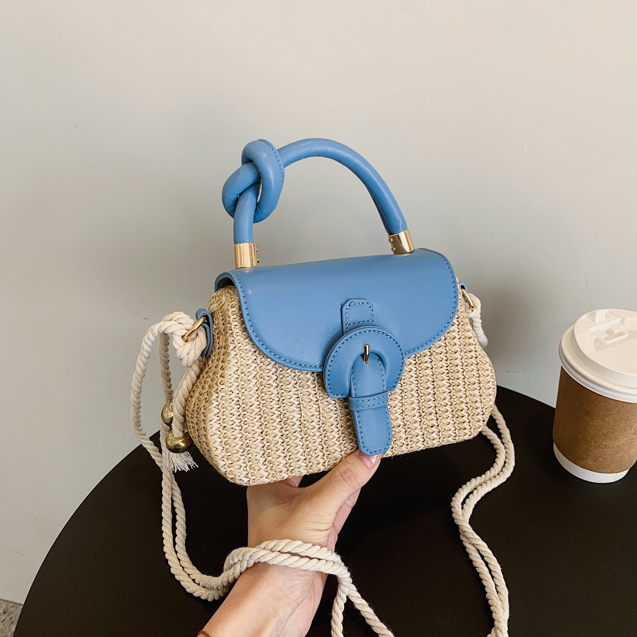 solvbao  Mini Straw Handbag, Braided Strap Crossbody Bag, Knot Handle Flap Purse For Women (7.91*5.54*2.37) Inch