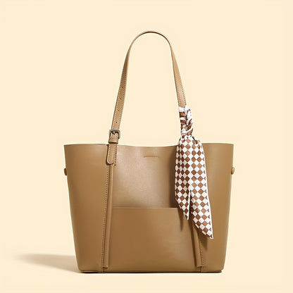 solvbao  Simple Large Capacity Tote Bag, PU Leather Solid Color Shoulder Bag With Silk Scarf, Perfect Women Commuting Bag