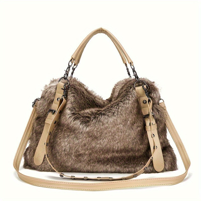 Autumn And Winter Faux Fur Women's Shoulder Bag, Trendy Soft  Handbag Bag, Plush Top Handle Bag