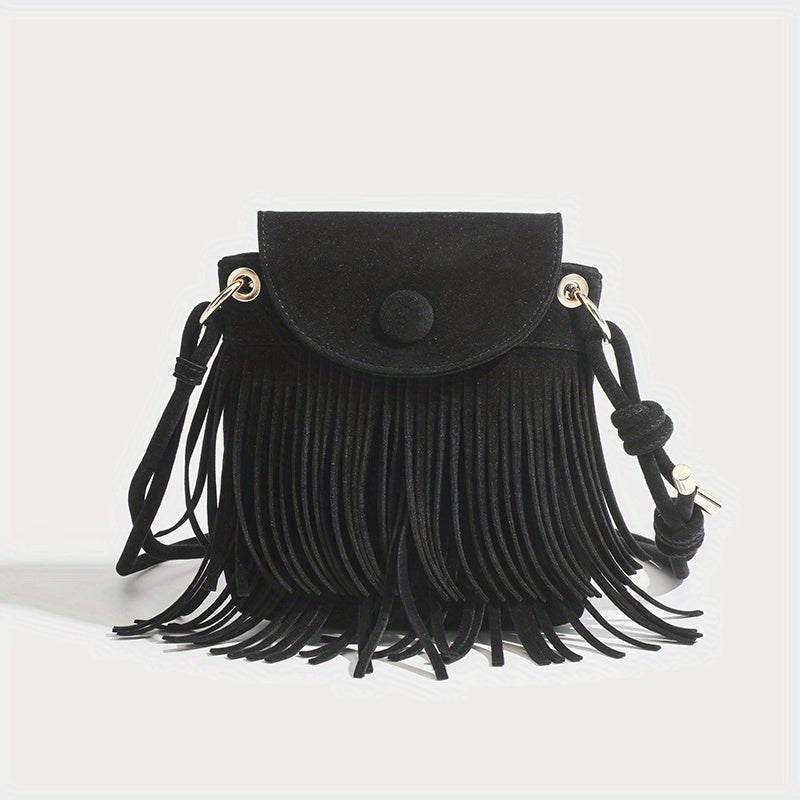 solvbao Mini Suede Crossbody Bag, Boho Style Tassel Flap Purse, Vintage Fringe Phone Bag For Women