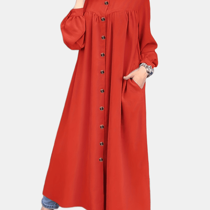 solvbaoButton Front Ruched Abaya, Modest Puff Sleeve Maxi Dress, Women's Clothing