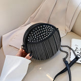 Studded & Fringe Decor Circle Bag, Fashion Chain Crossbody Bag, Women's PU Leather Purse With Tassel