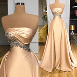 kamahe Champagne Strapless Overskirt Prom Dress Long With Crystals