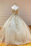 kamahe Champagne sweetheart tulle lace long prom gown, tulle formal gown