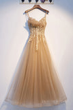 kamahe Champagne tulle lace long prom dress champagne formal dress