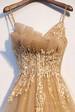 kamahe Champagne tulle lace long prom dress champagne formal dress