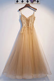 kamahe Champagne tulle lace long prom dress champagne formal dress