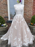 kamahe Champagne v neck tulle lace long prom dress lace tulle formal dress