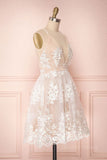 kamahe Champagne v neck tulle lace short prom dress champagne tulle bridesmaid dress