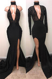 kamahe Chic Black High Neck Lace Front Split Mermaid Prom Party Gowns