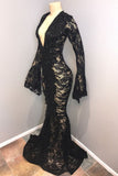 kamahe Chic Black Lace V-neck Long Sleevess Mermaid Prom Dresses Sheer Floor Length Evening Gowns