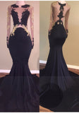 kamahe Chic Black Long-Sleeve Lace Mermaid Zipper Prom Party Gowns