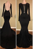 kamahe Chic Black Mermaid Prom Party GownsLong Sleeves With Lace Appliques