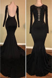 kamahe Chic Black Mermaid Prom Party GownsLong Sleeves With Lace Appliques