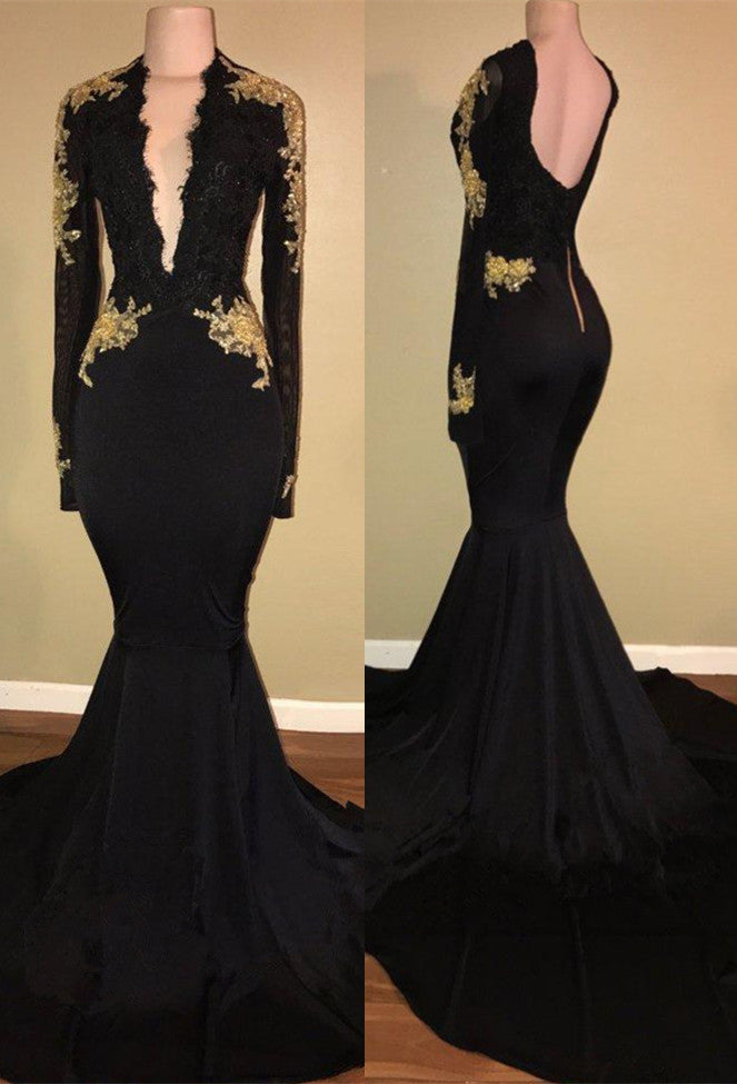 kamahe Chic Black prom dress Mermaid Long Sleeves Evening Dress