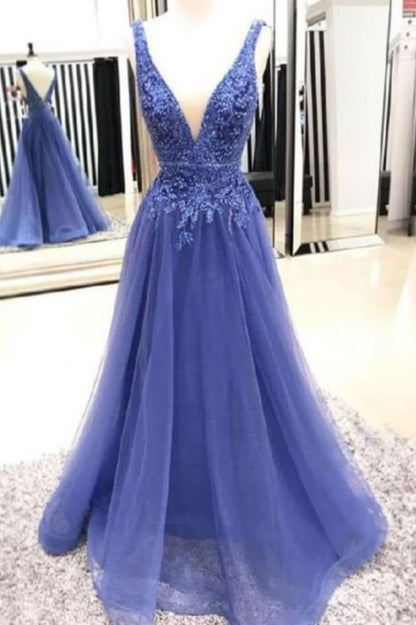 kamahe Chic Deep V-neck Straps Long Prom Party Gowns| Exquisite Lace Beading Prom Gown