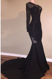 kamahe Chic Mermaid Black Long-Sleeves Backless Appliques Prom Party Gowns