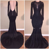 kamahe Chic Mermaid Black Long-Sleeves Backless Appliques Prom Party Gowns