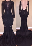 kamahe Chic Mermaid Black Long-Sleeves Backless Appliques Prom Party Gowns