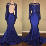 kamahe Chic Open Back Royal Blue Real Model Prom Dresses Lace Long Sleeves Mermaid Evening Gown