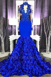 kamahe Chic Royal Blue Keyhole Flowers Train High neck Mermaid Prom Party Gowns