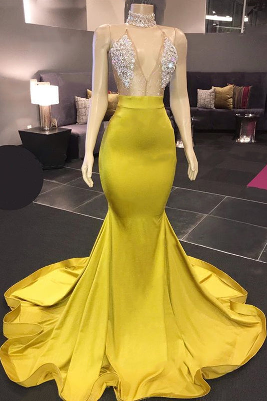 kamahe Chic Yellow Sleeveless Crystals Sheer Tulle Prom Dresses New Arrival Mermaid Formal Evening Gowns