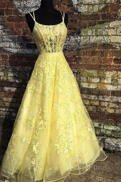 kamahe Custom Made Backless Yellow Lace Floral Long Prom Dress, Yellow Lace Formal Graduation Evening Dress