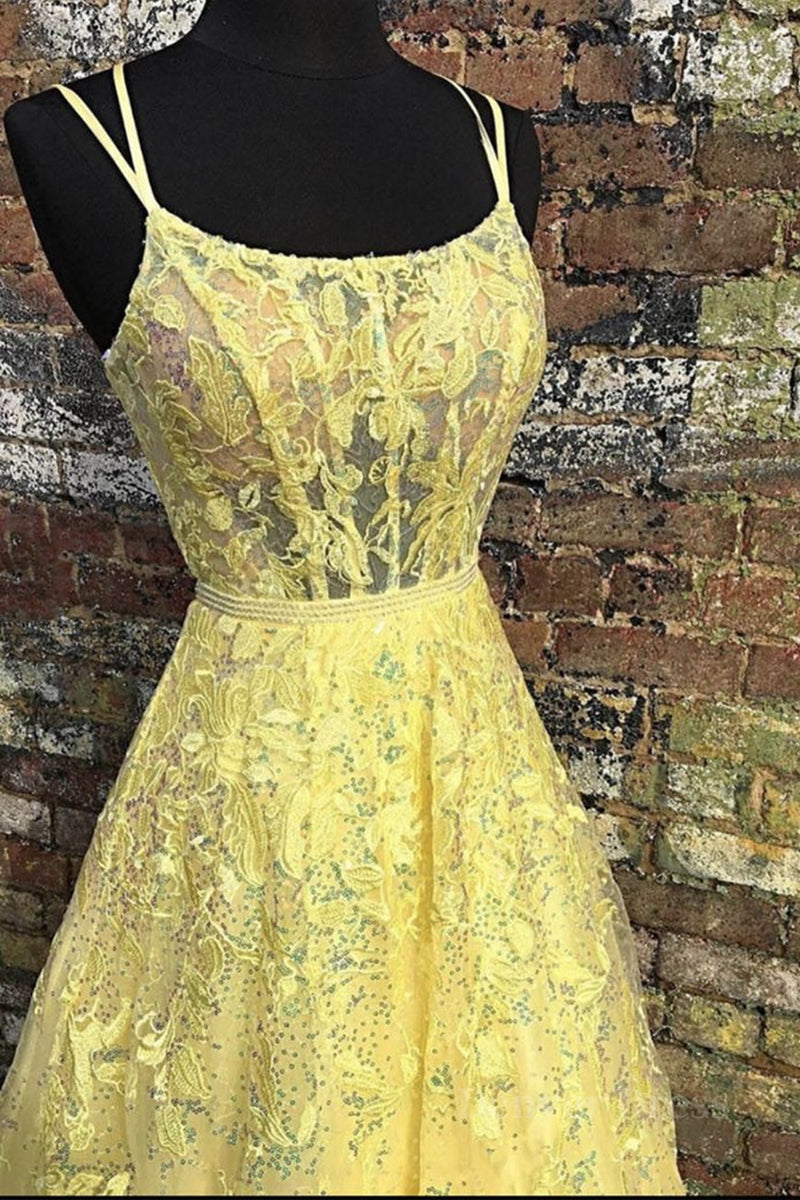 kamahe Custom Made Backless Yellow Lace Floral Long Prom Dress, Yellow Lace Formal Graduation Evening Dress