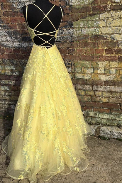 kamahe Custom Made Backless Yellow Lace Floral Long Prom Dress, Yellow Lace Formal Graduation Evening Dress