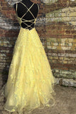 kamahe Custom Made Backless Yellow Lace Floral Long Prom Dress, Yellow Lace Formal Graduation Evening Dress