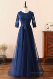 kamahe Custom Made Long Sleeves Navy Blue Lace Prom Dress, Long Sleeves Lace Bridesmaid Dress, Long Sleeves Navy Blue Lace Formal Graduation Evening Dress