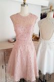 kamahe Cute round neck tulle lace short prom dress lace bridesmaid dress