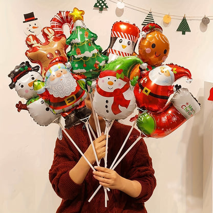 10-Pack Assorted Mini Aluminum Foil Balloons for Holiday Parties - No Electricity Needed - Santa, Reindeer, Gingerbread Man Designs - Suitable for Ages 14+