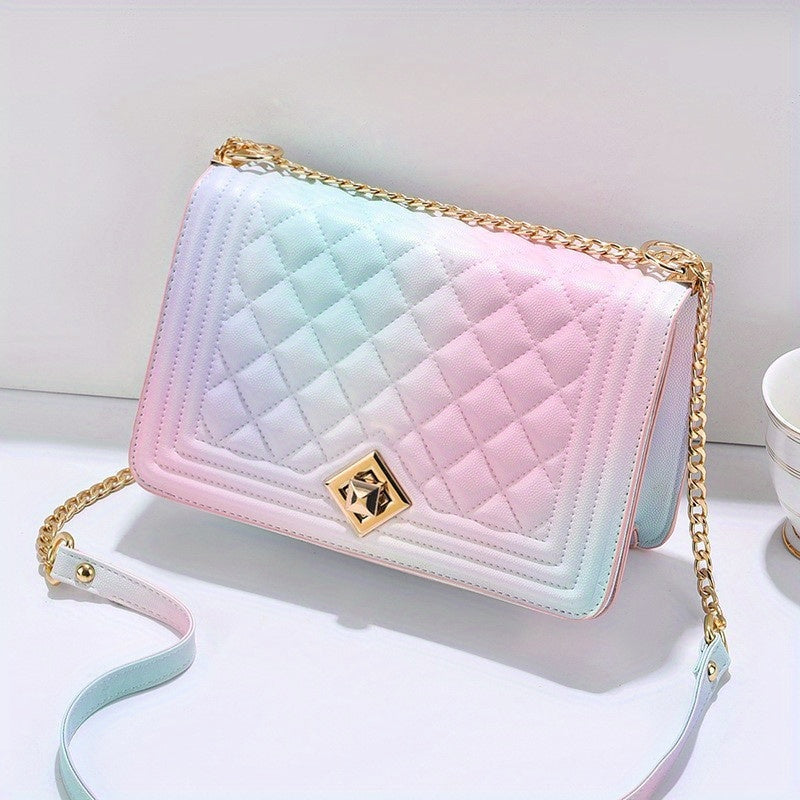 solvbao  Gradient Color Crossbody Bag, Trendy Rainbow Chain Shoulder Bag, Embossed Square Purse For Women